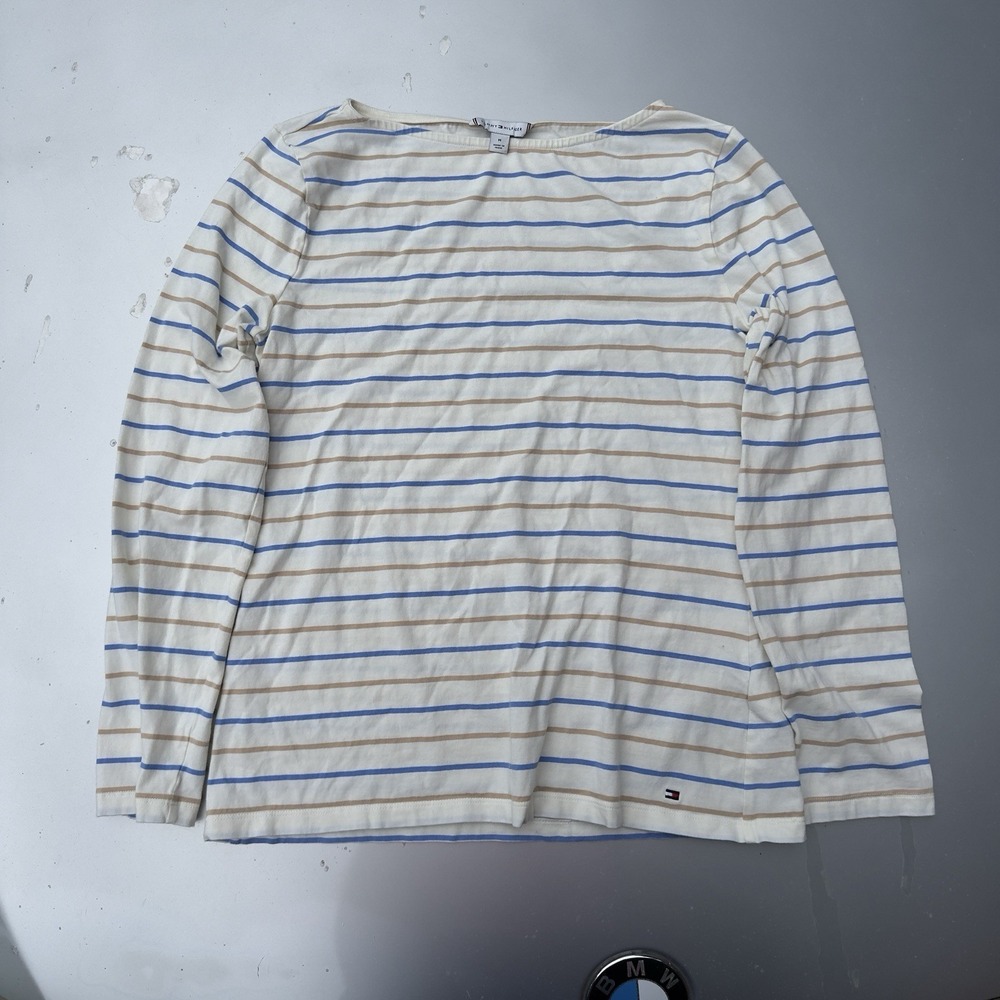 tommy hilfiger women Cream Brown blue long-sleeve striped boatneck top Medium